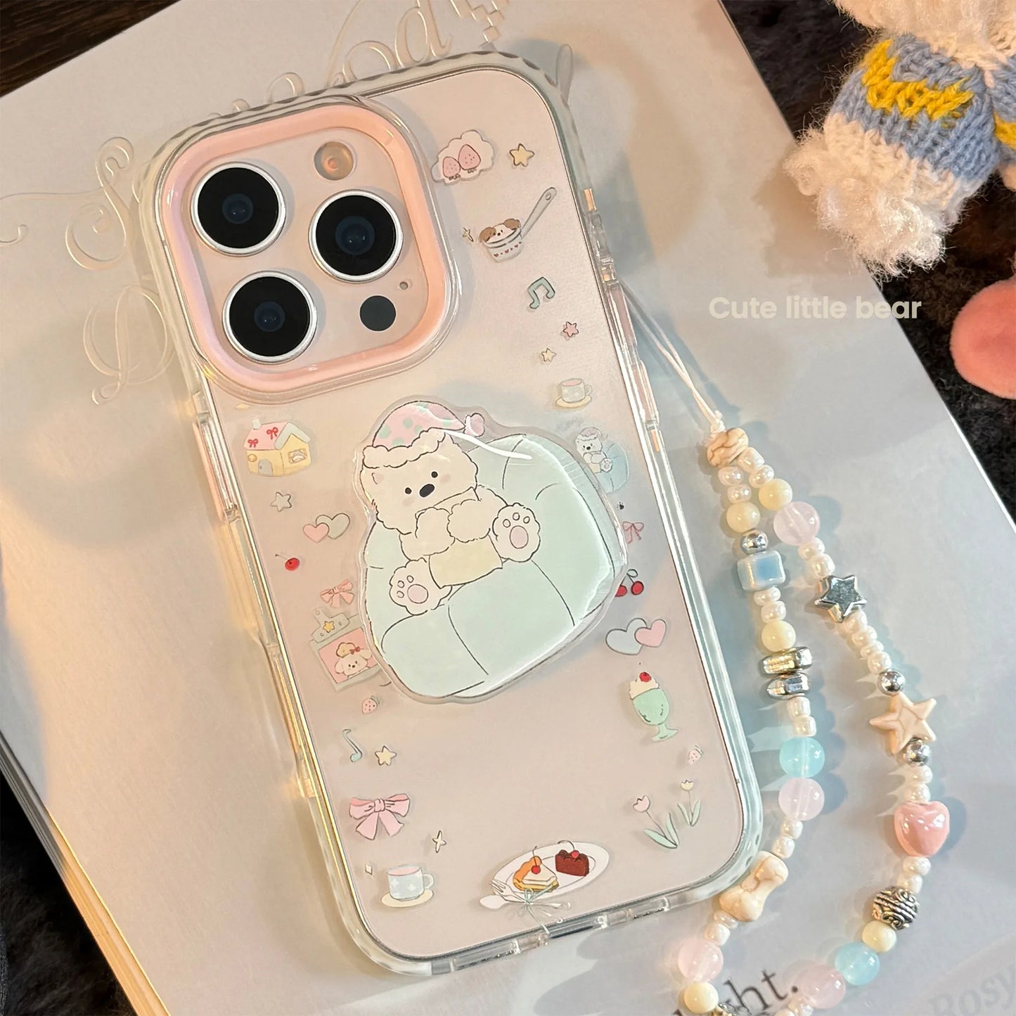 Ins Dessert Clear Cartoon Sofa Puppy Bracket With Chain Phone Case For iPhone
