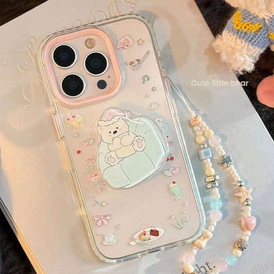 Ins Dessert Clear Cartoon Sofa Puppy Bracket With Chain Phone Case For iPhone
