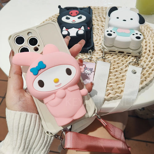 Cartoon Pochacco My Melody Kuromi Crossbody Strap Wallet Phone Case