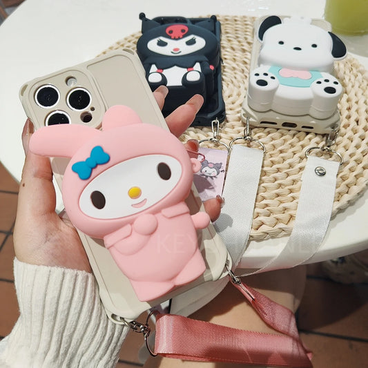 Cartoon Pochacco My Melody Kuromi Crossbody Strap Wallet Phone Case
