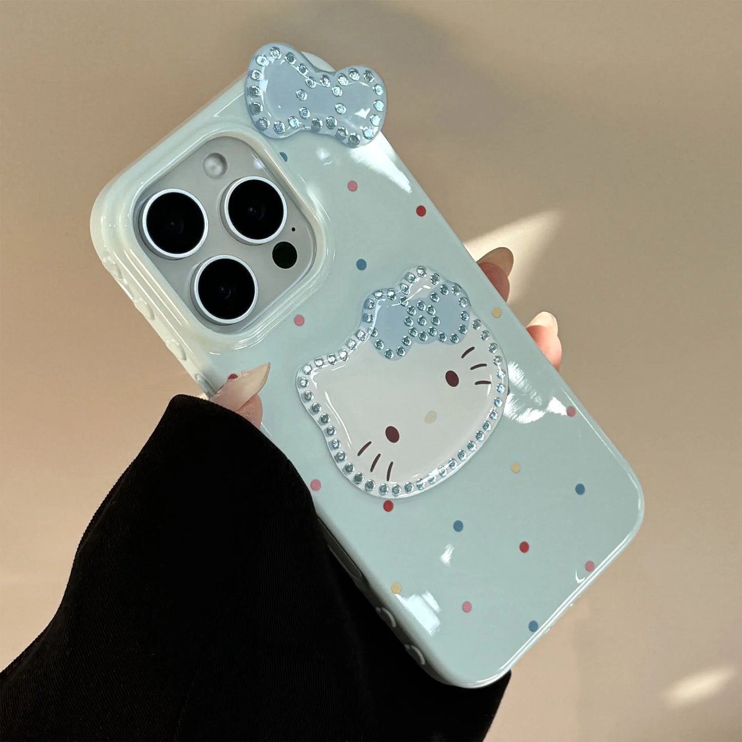 Korean Colorful Wave Point 3D Bowknot Hello Kitty Phone Case For iPhone