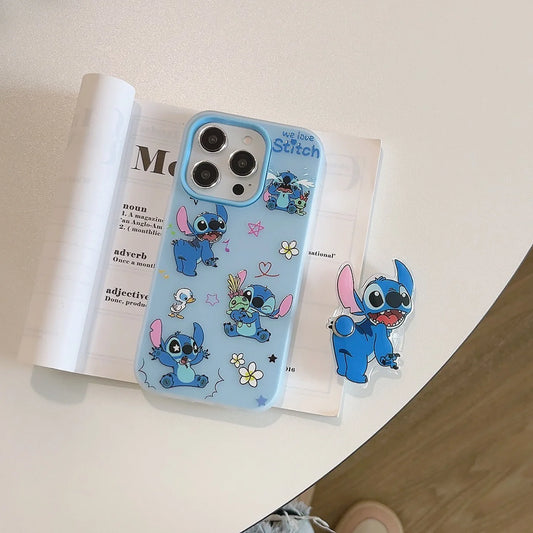 Korean Cute Cartoon Stitch With Acrylic Bracket Phone Case For iPhone