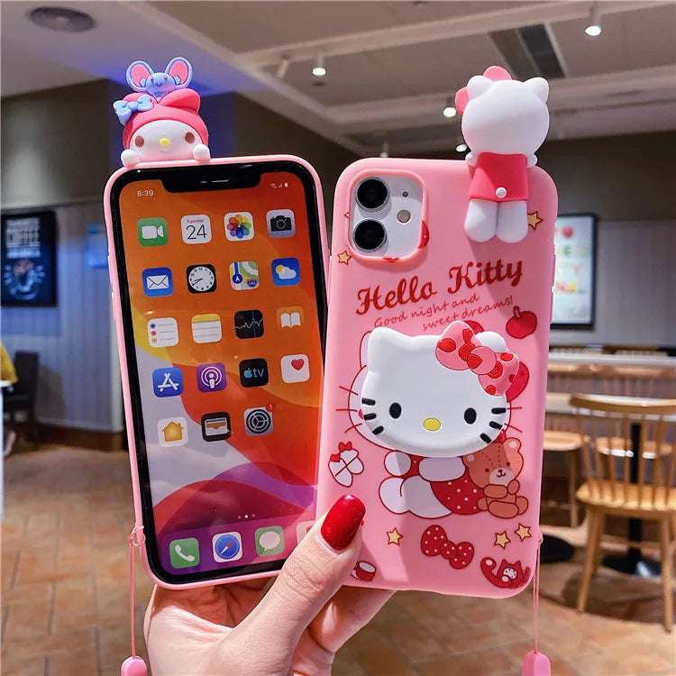 3D Cartoon My Melody Hello Kitty Holder Lanyard Phone Case For iPhone