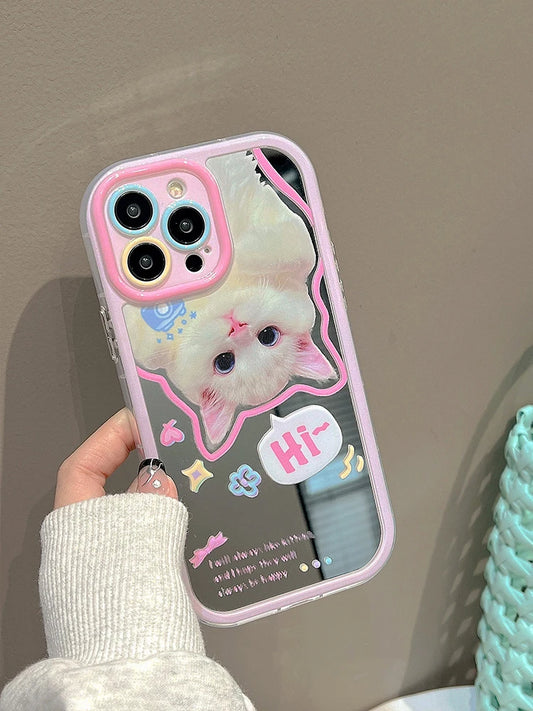 Lovely White Cat Makeup Mirror Case For iPhone