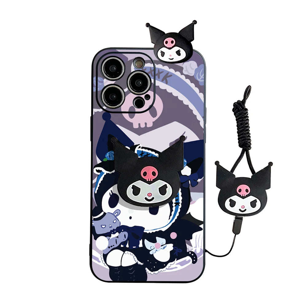 Cartoon Kuromi Head Case With Holder Rope Phone Case