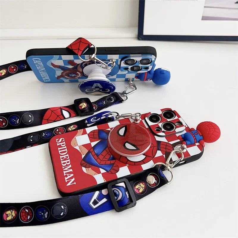 Cartoon 3D Spiderman Plaid Phone Case With Holder Lanyard For iPhone