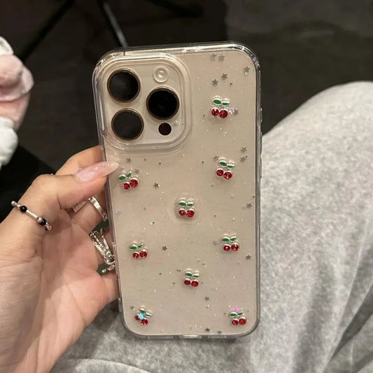 Cute Epoxy Cherry Glitter Clear Phone Case