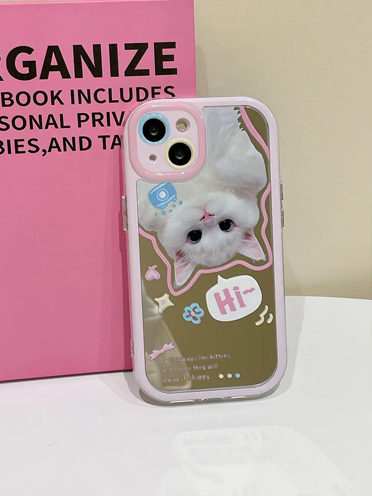 Lovely White Cat Makeup Mirror Case For iPhone