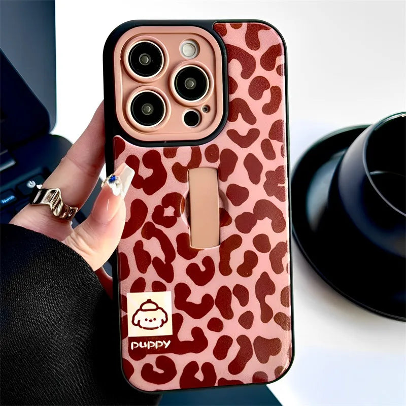 Cute Puppy Dog Stylish Leopard Print Ring Holder Stand Phone Case