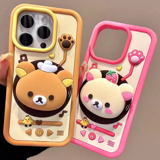 Cute Rotating Record Player Cartoon Bear Silicone Phone Case