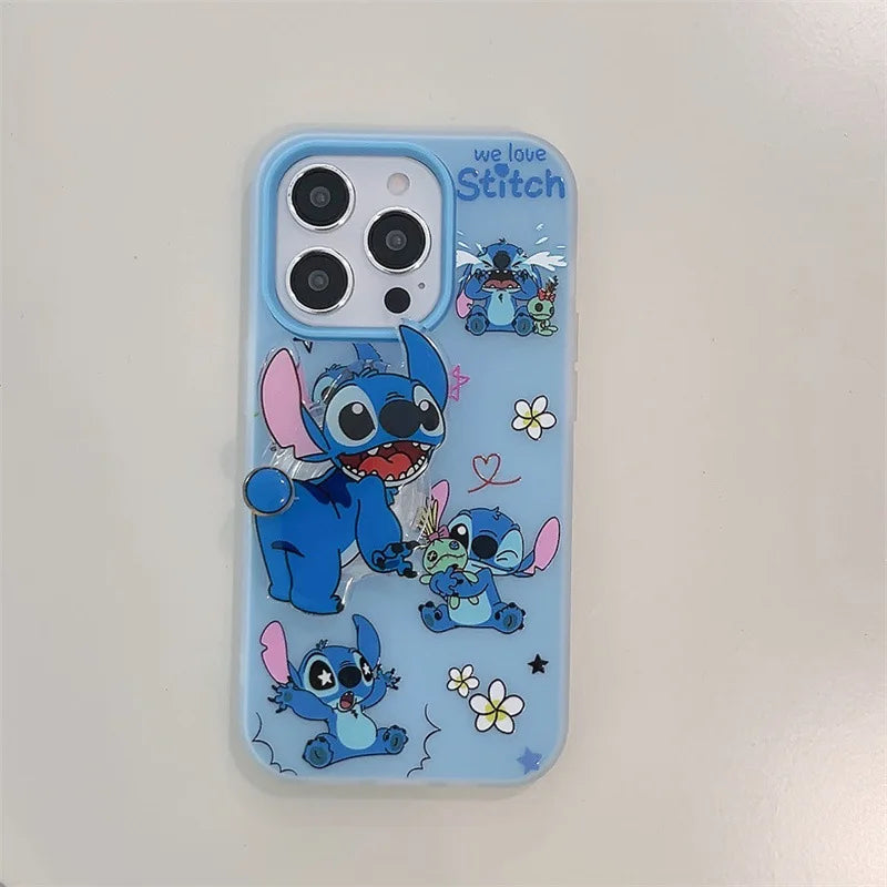 Korean Cute Cartoon Stitch With Acrylic Bracket Phone Case For iPhone