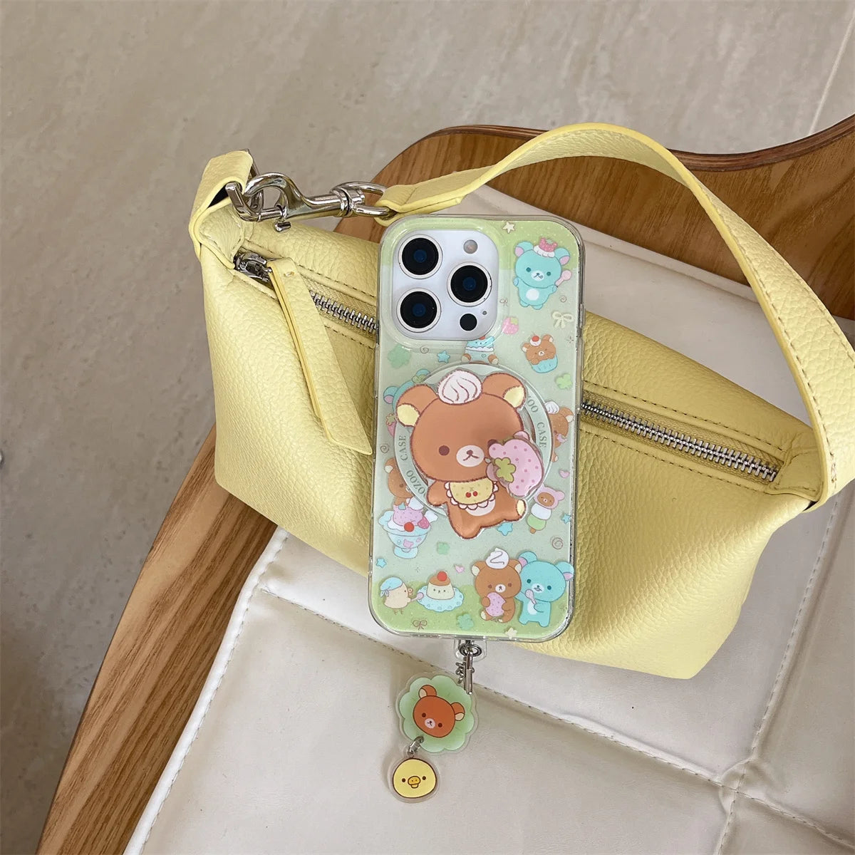 Magnetic Shell With Painted Four Leaf Clover Bear Phone Case and Rotating Magnetic Bracket For iPhone