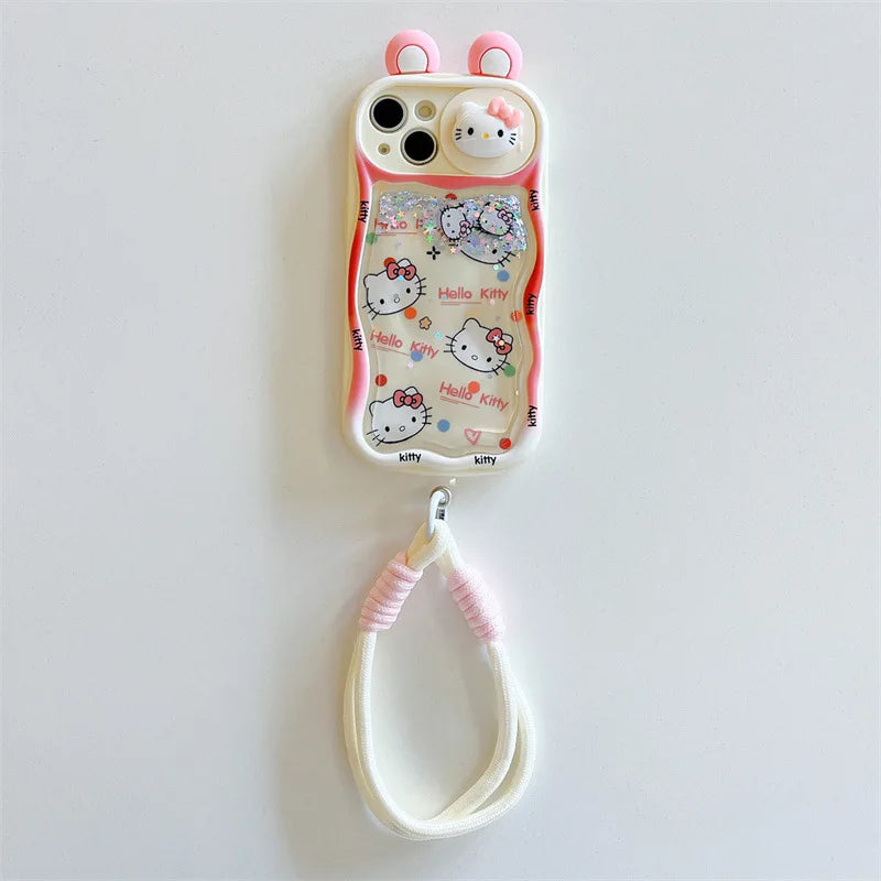 Kawaii Cartoon 3D Ears Quicksand Hello Kitty With Wrist Strap Phone Case For iPhone