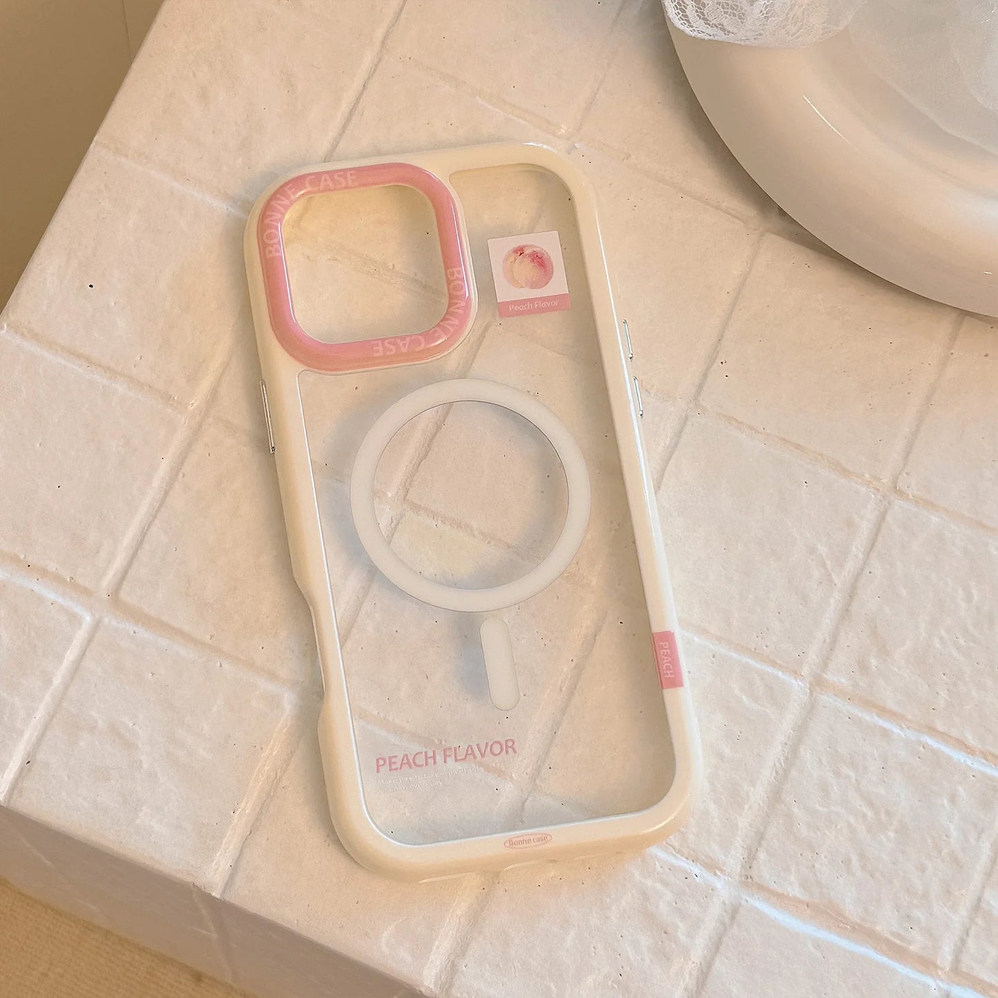 Korean Cute Peach Holder Magsafe Magnetic Clear Phone Case For iPhone