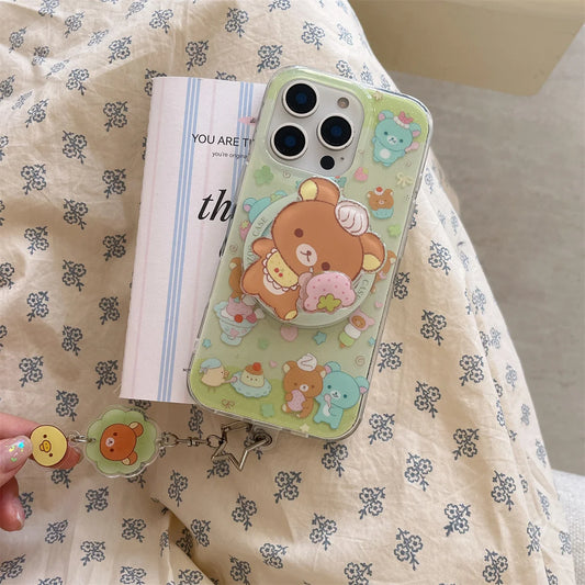 Magnetic Shell With Painted Four Leaf Clover Bear Phone Case and Rotating Magnetic Bracket For iPhone