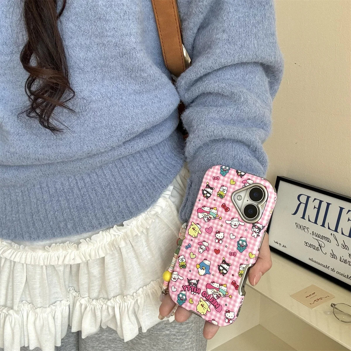 New Pink Checkered Hello Kitty Leather Phone Case