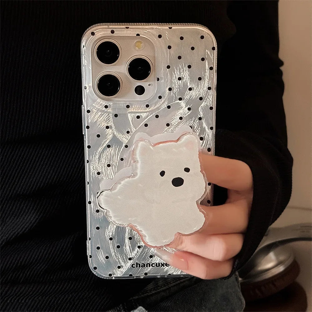Korean Polka Dot Phone Case With Cartoon Puppy Bracket for iPhone