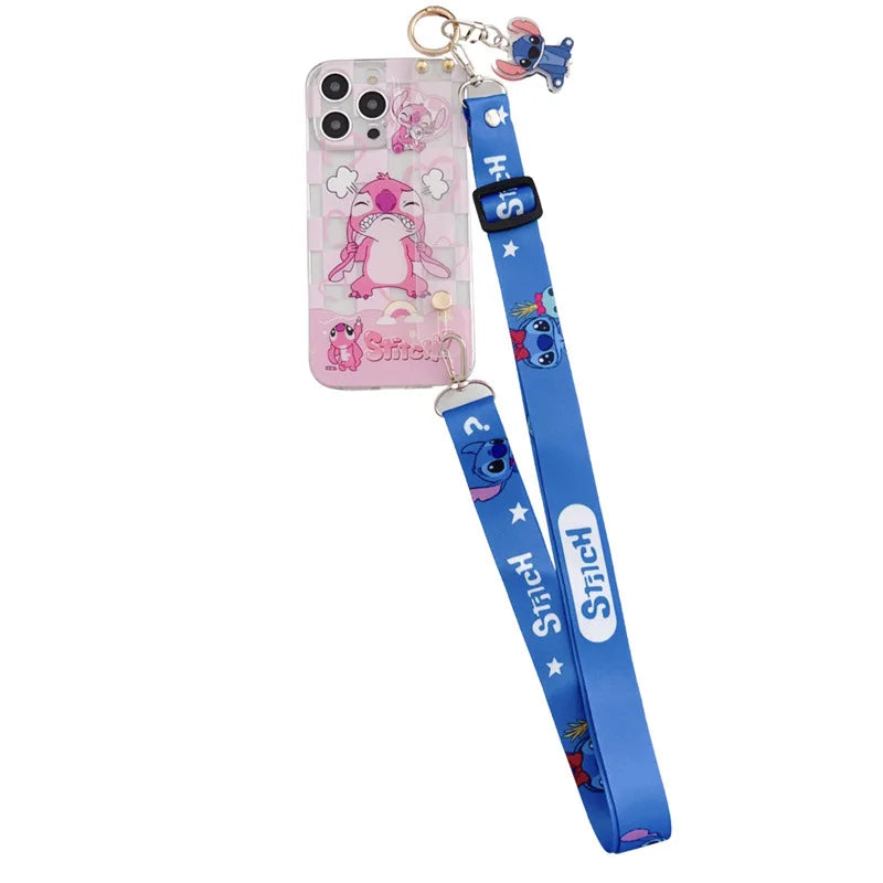 Cute Cartoon Stitch Couple Phone Case With Clear Strap Lanyard For iPhone