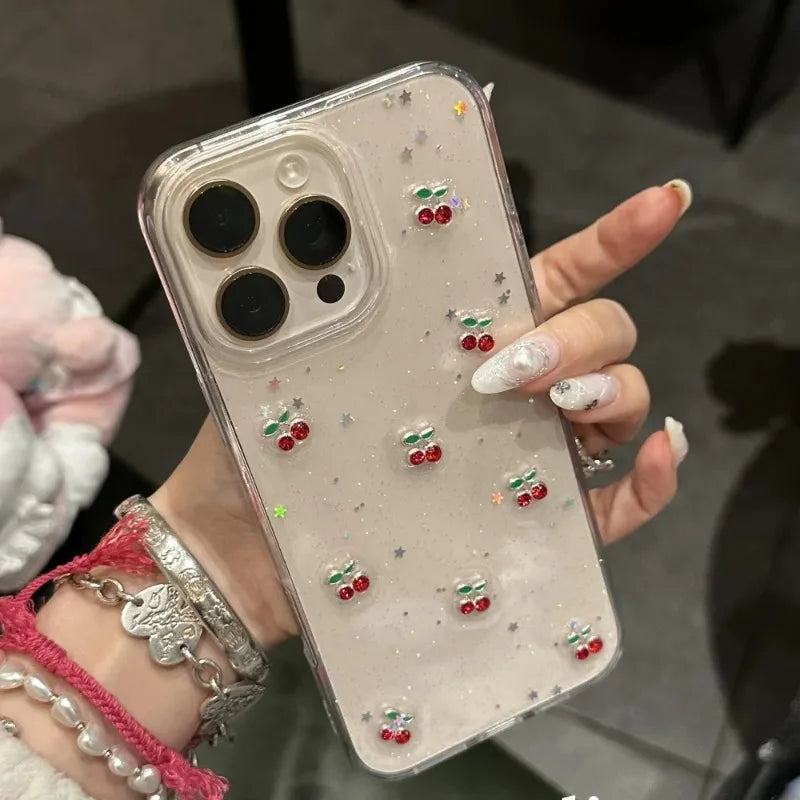 Cute Epoxy Cherry Glitter Clear Phone Case