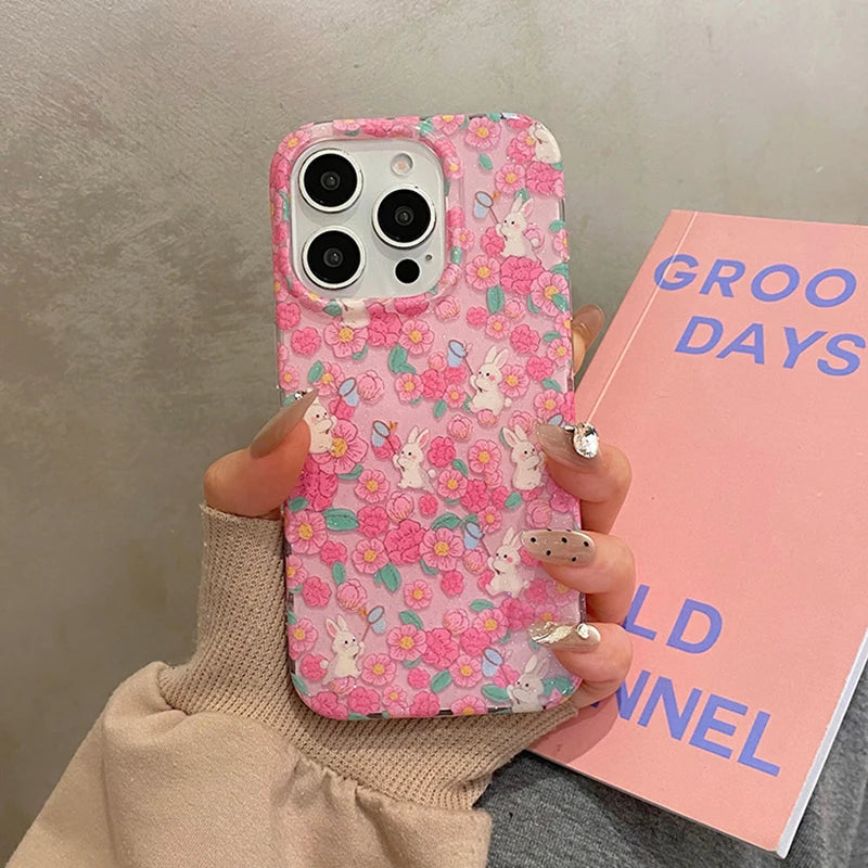 Stylish Colorful Flowers Cute Rabbit Glitter Phone Case
