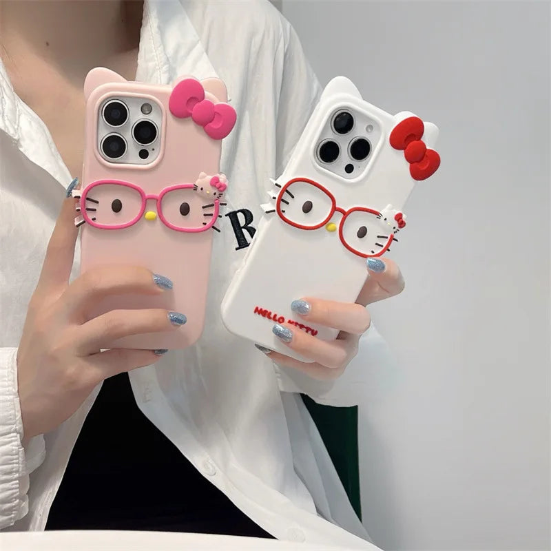 Kawaii Cartoon Glasses Bowknot Hello Kitty Phone Case For iPhone
