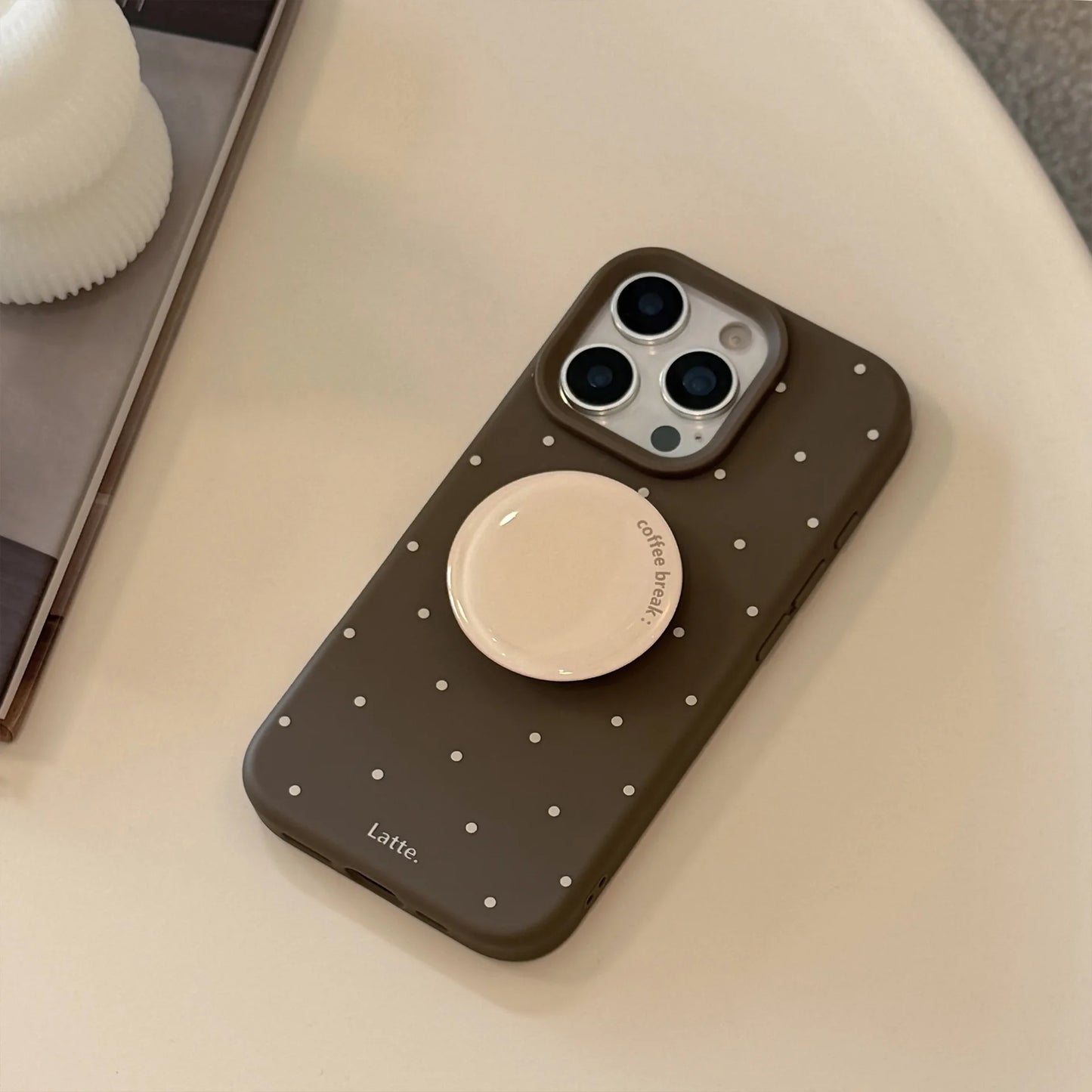 Korean Brown Full Screen Polka Dot With Round Bracket Soft Phone Case For iPhone