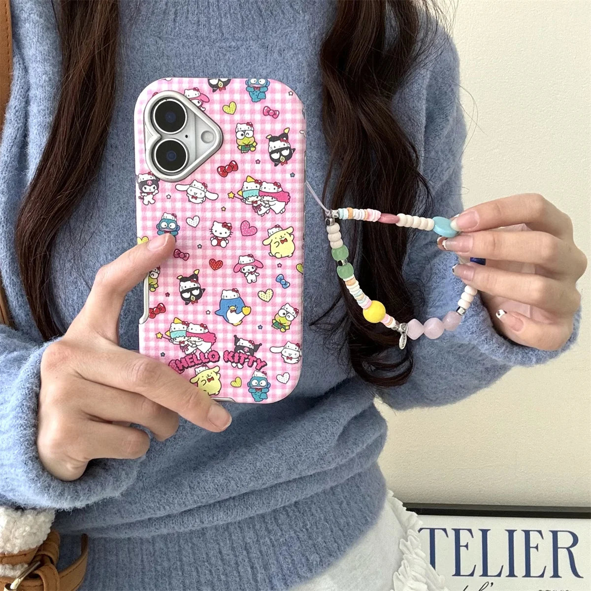 New Pink Checkered Hello Kitty Leather Phone Case