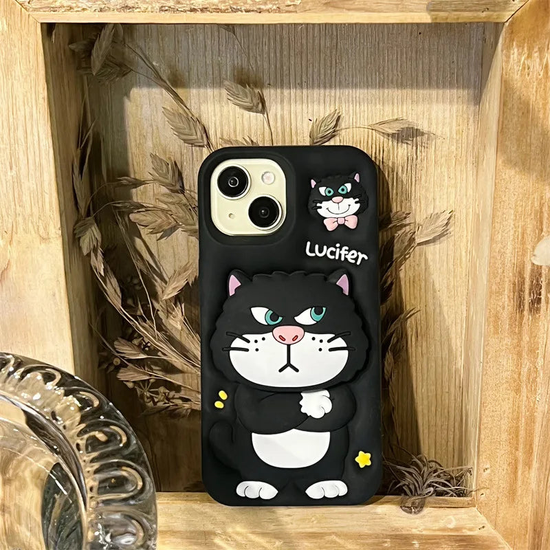 3D Cute Cartoon Cat Telescopic Bracket Soft Silicone Phone Case For iPhone