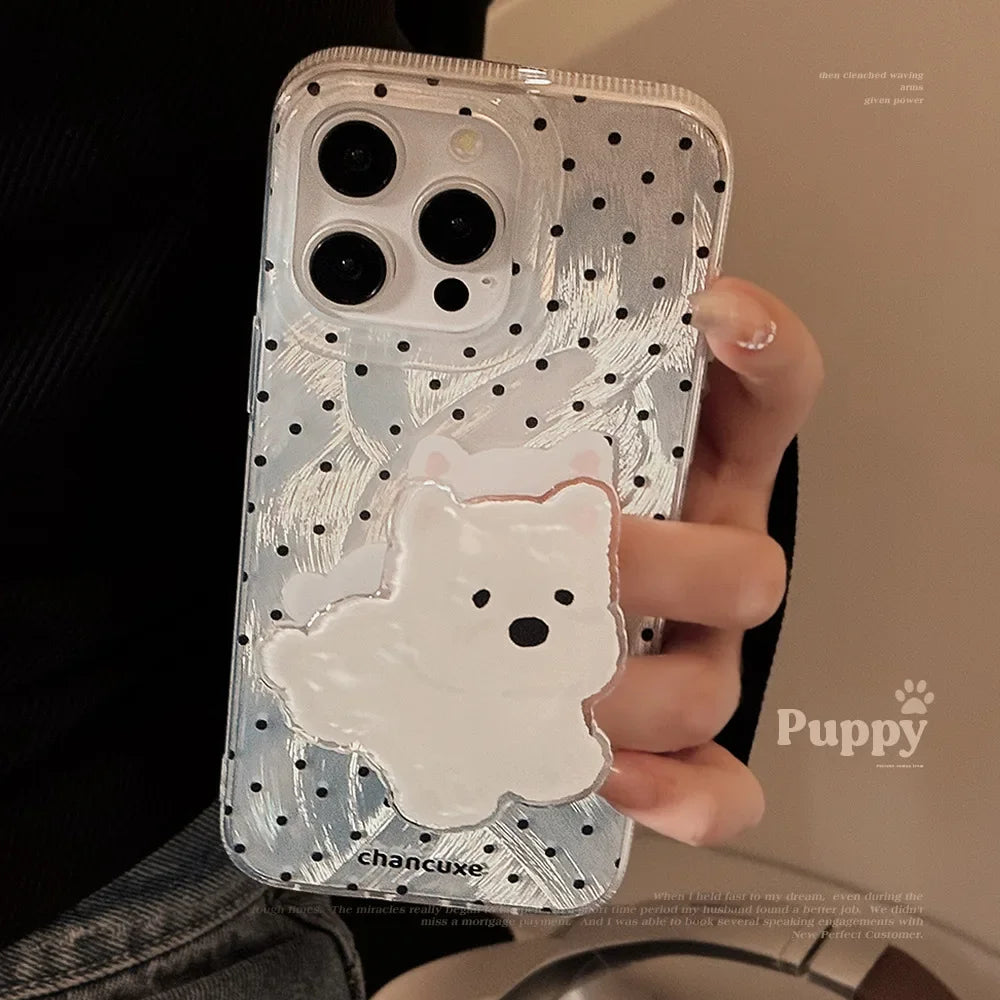 Korean Polka Dot Phone Case With Cartoon Puppy Bracket for iPhone