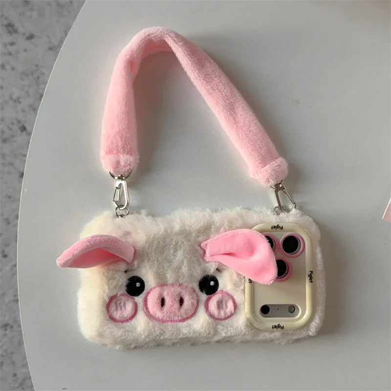 Cute 3D Cartoon Pig Plush Phone Case With Lanyard For iPhone