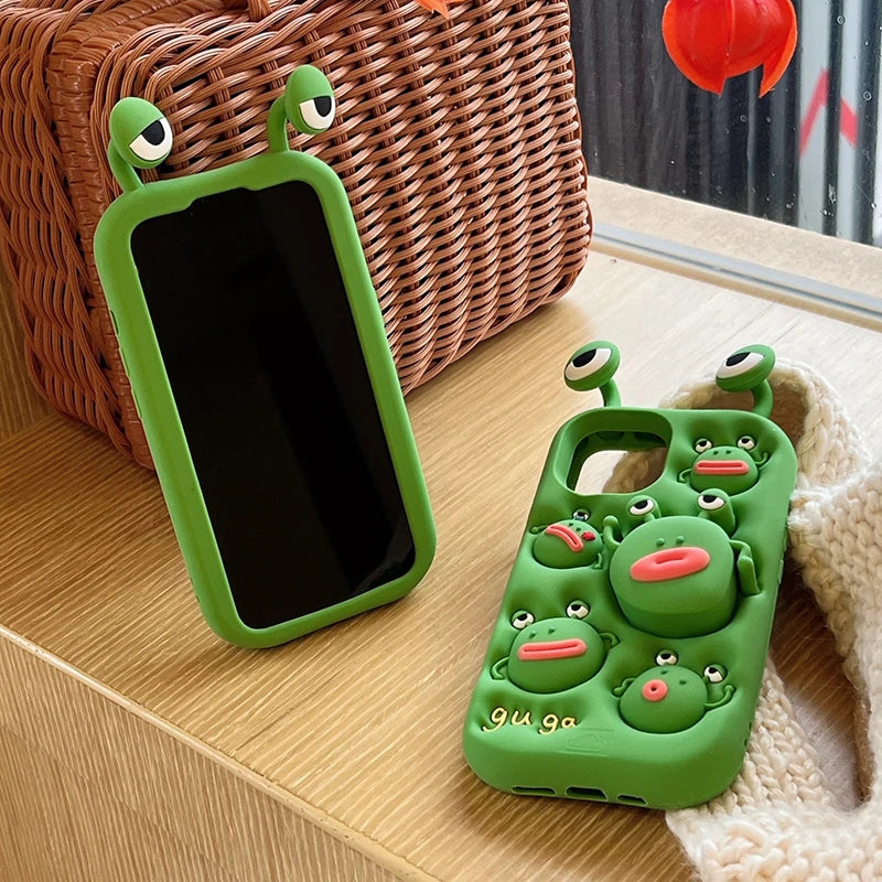 Cute Silicone Telescopic Bracket Thick Lips Green Frog Phone Case