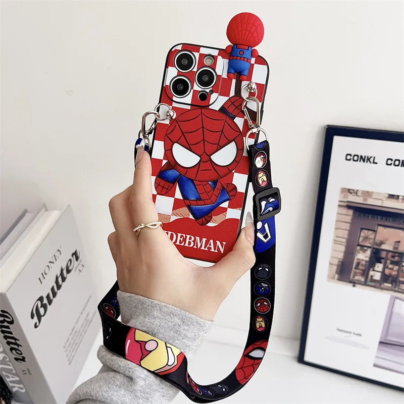 Cartoon 3D Spiderman Plaid Phone Case With Holder Lanyard For iPhone