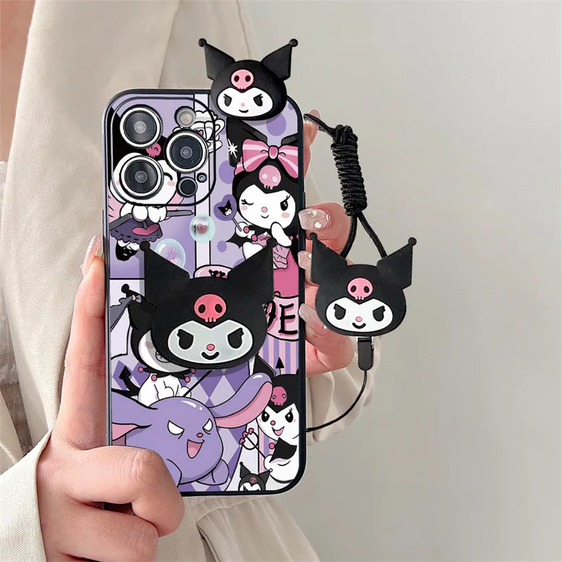 Kawaii 3D Cute Cartoon Kuromi Holder Rope Soft Phone Case For iPhone