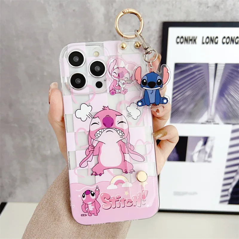 Cute Cartoon Stitch Couple Phone Case With Clear Strap Lanyard For iPhone