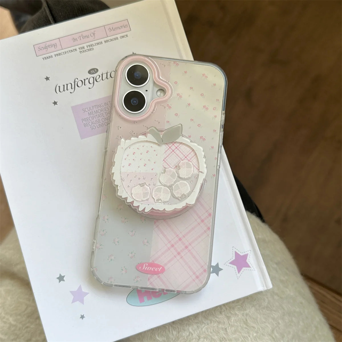 Korean Cute Fresh Pink Lattice Floral Print Magnetic Apple Holder Phone Case For iPhone