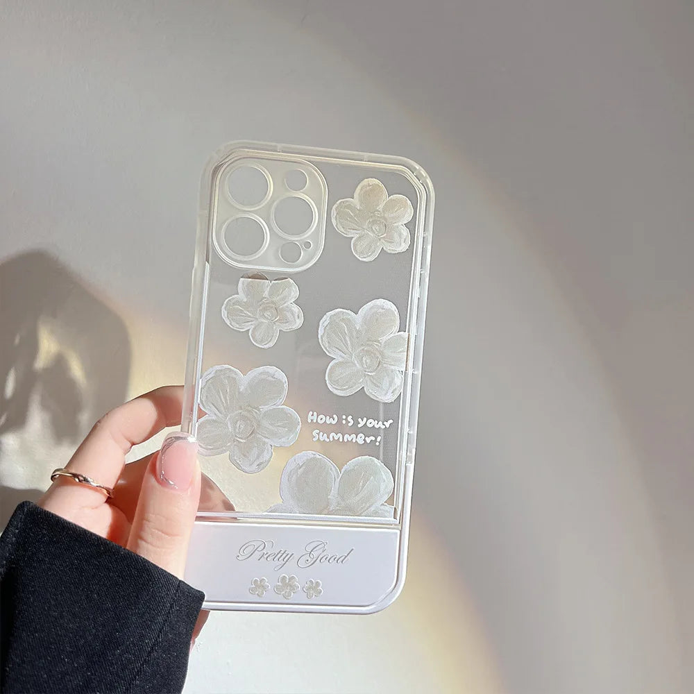 White Floral invisible Bracket Phone Case For iPhone