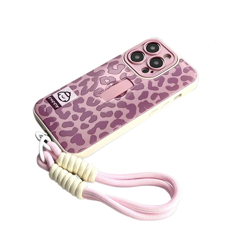 Cute Puppy Dog Stylish Leopard Print Ring Holder Stand Phone Case