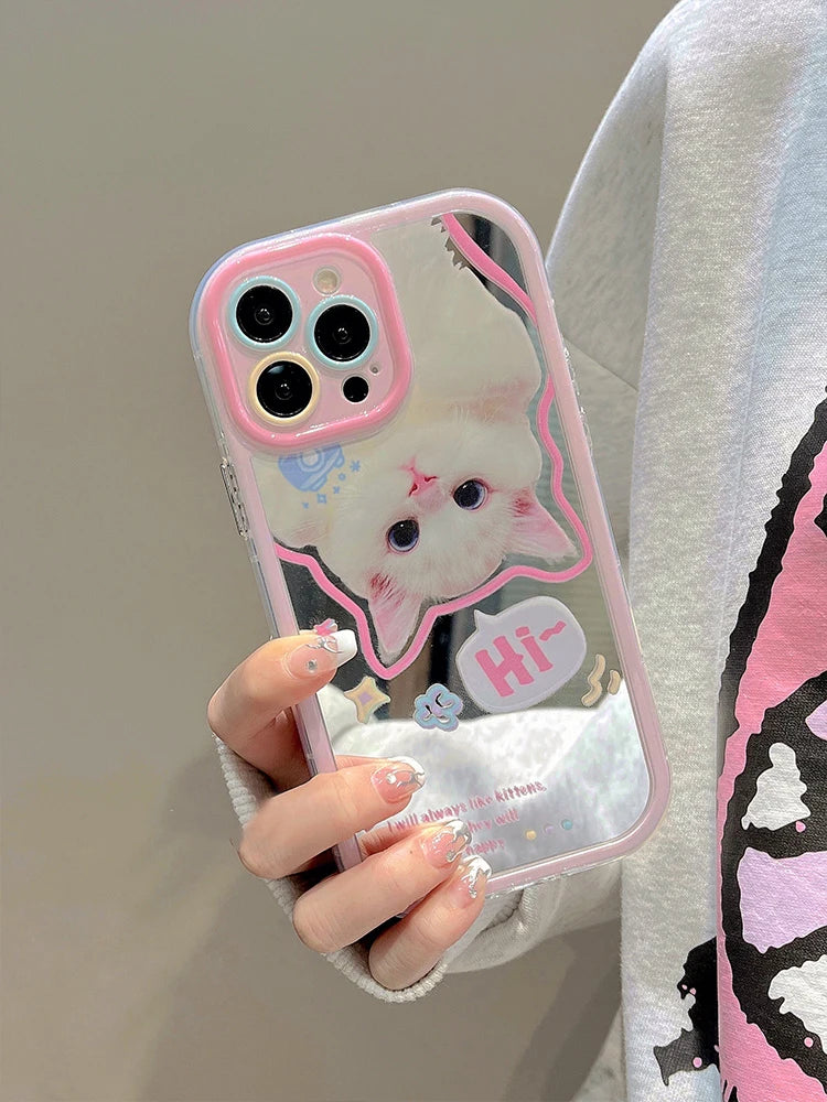 Lovely White Cat Makeup Mirror Case For iPhone