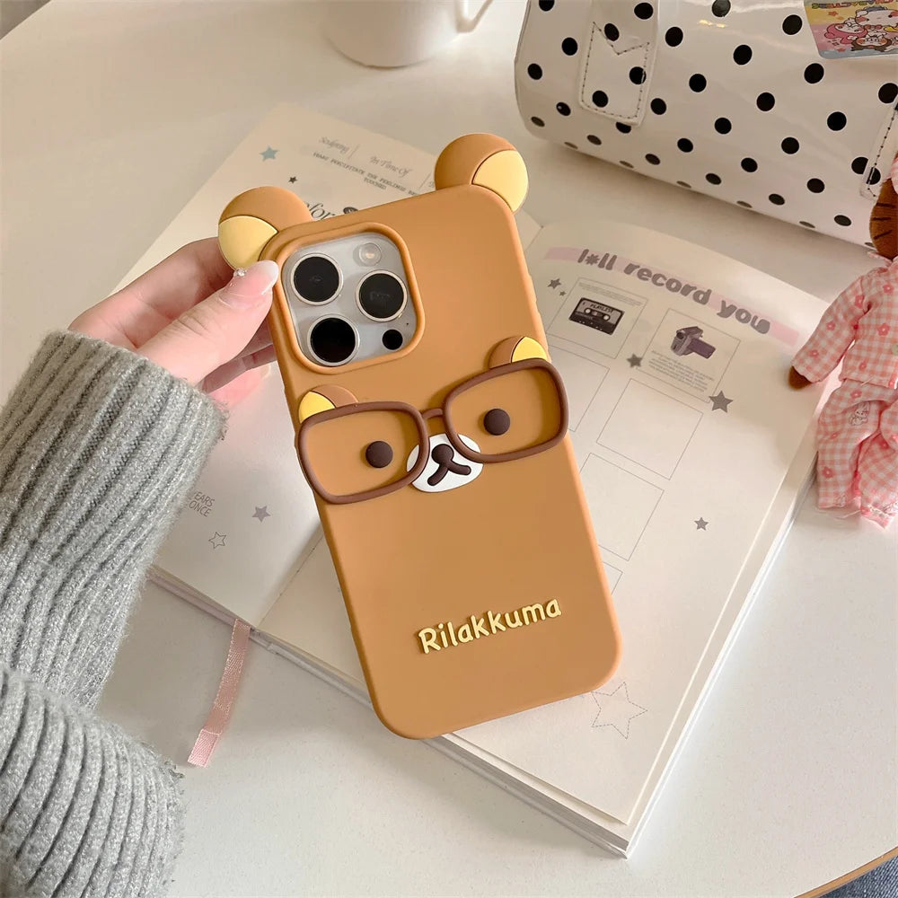 Cute 3D Cartoon Glasses Rilakkuma Bear Soft Silicone Phone Case