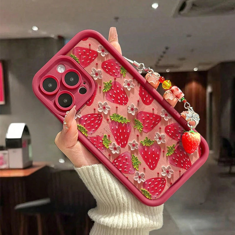Flower Strawberry Painting Pendant Chain Phone Case For iPhone