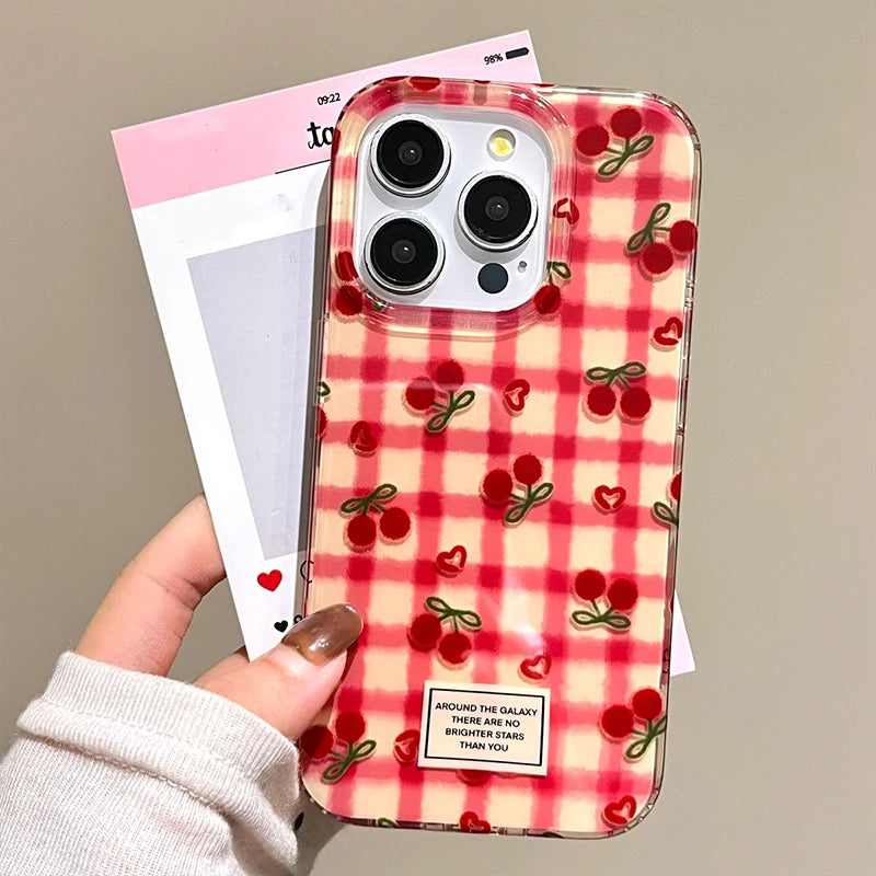 Korean Fashion Cherry Grid Pattern Phone Case