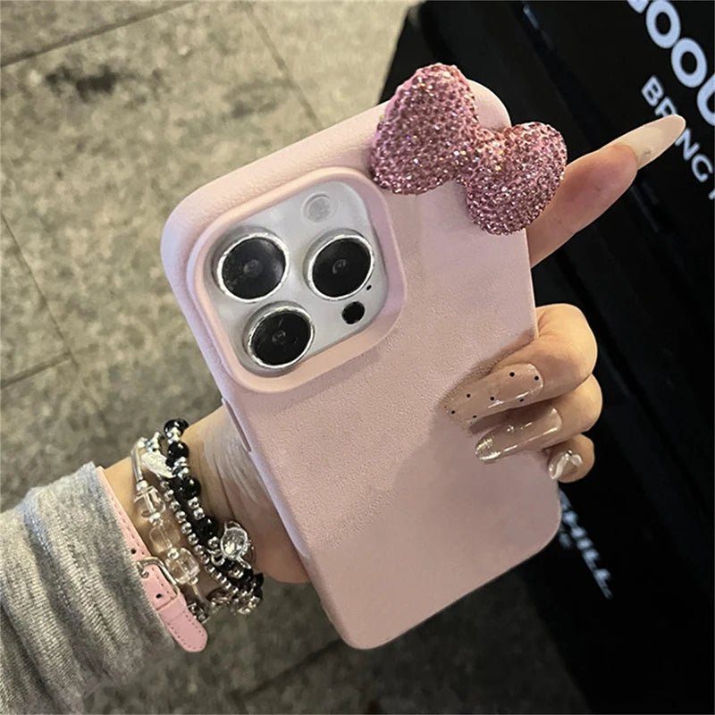 Luxury Rhinestone Bow Litchi Pattern Leather Shockproof Phone Case For iPhone