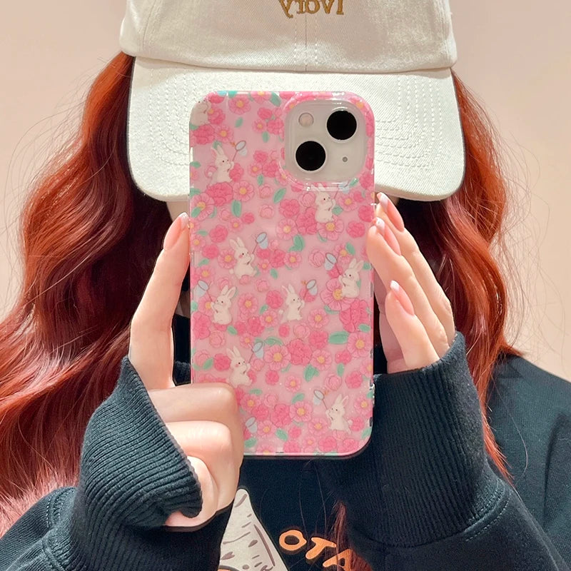 Stylish Colorful Flowers Cute Rabbit Glitter Phone Case