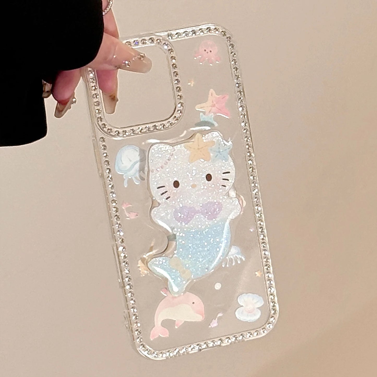 Summer Marine Mermaid Hello Kitty Glitter Bracket Phone Case For iPhone