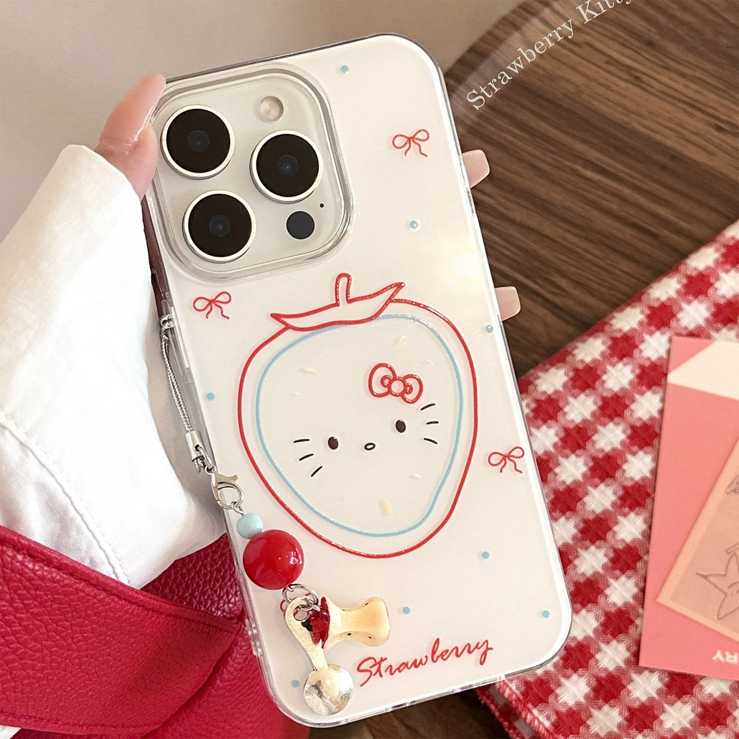 Cute Hello Kitty Strawberry Phone Case With Pendant For iPhone