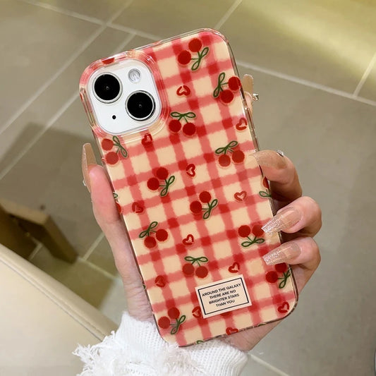 Korean Fashion Cherry Grid Pattern Phone Case