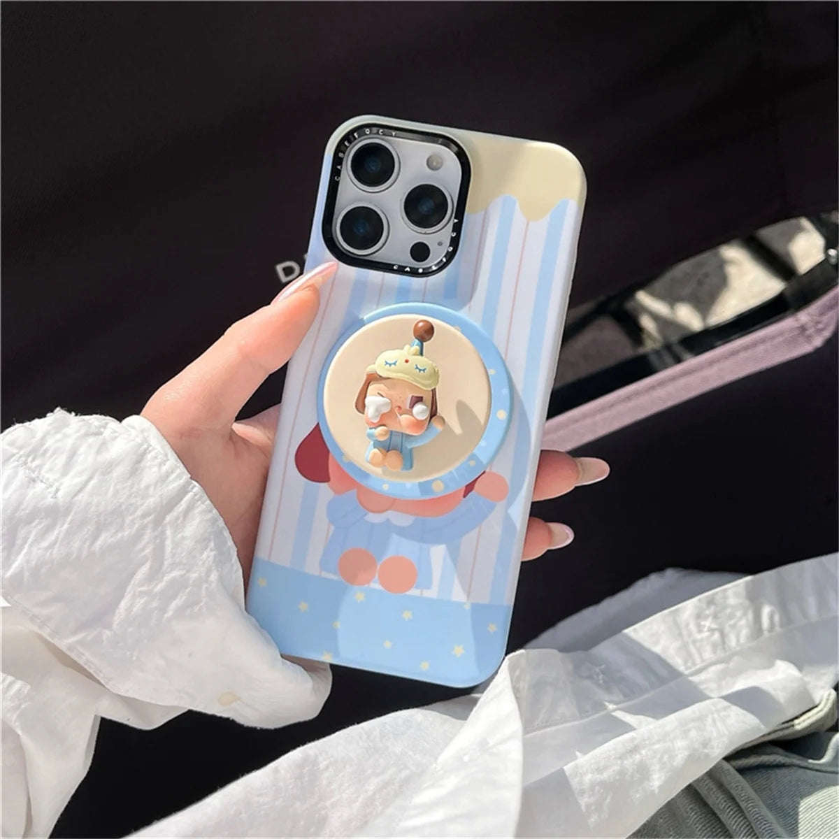 Korean Blue Stripe Cute Girl Magnetic Phone Case For iPhone