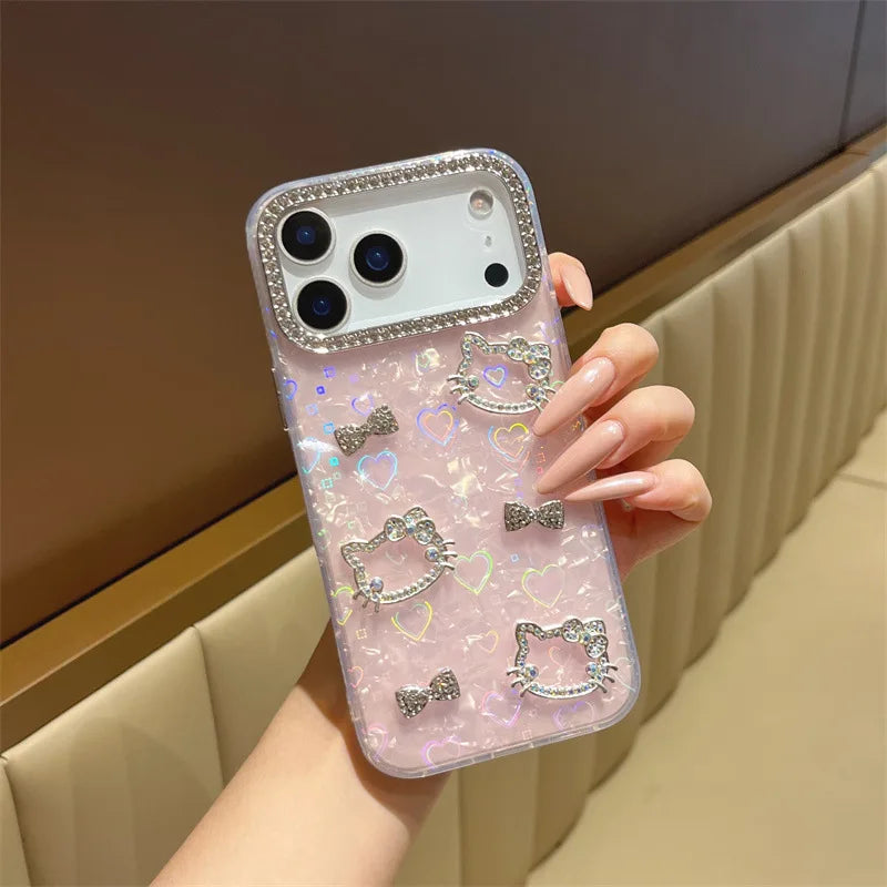 Luxury Glitter Rhinestone Camera Border 3D Hello Kitty Bowknot Shell Pattern Phone Case For iPhone