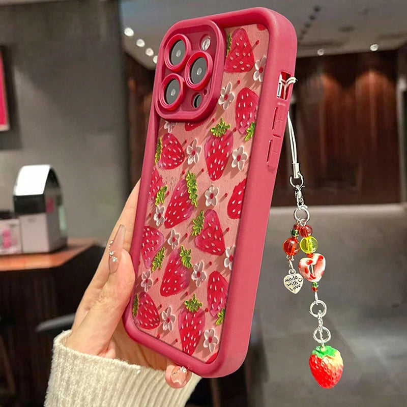 Flower Strawberry Painting Pendant Chain Phone Case For iPhone