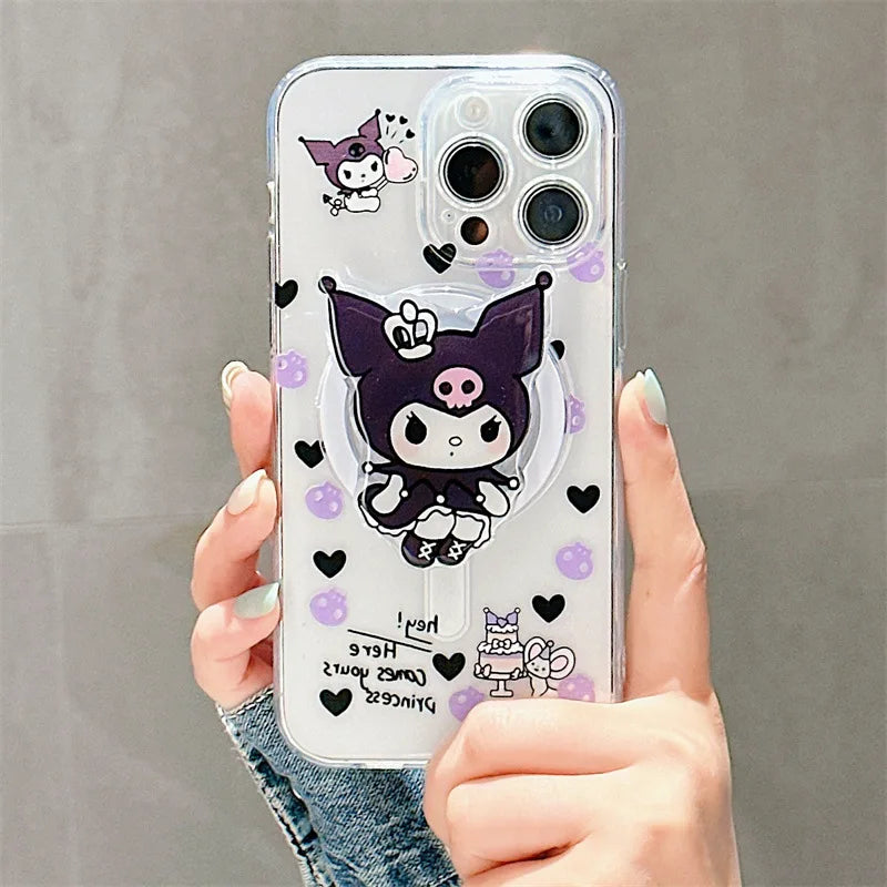 Korean Cute Cartoon Kuromi With Holder Magsafe Magnetic Phone Case For iPhone
